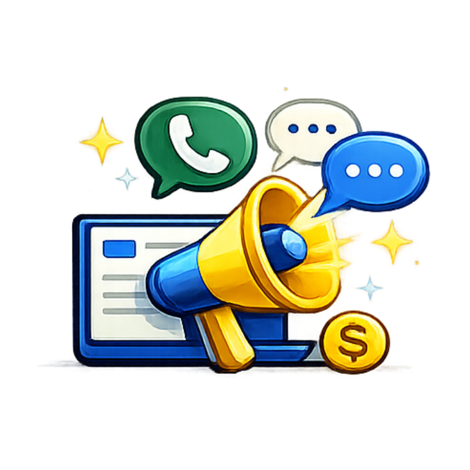 Megaphone with chat bubbles, WhatsApp icon, and money coin over a browser window, suggesting online marketing