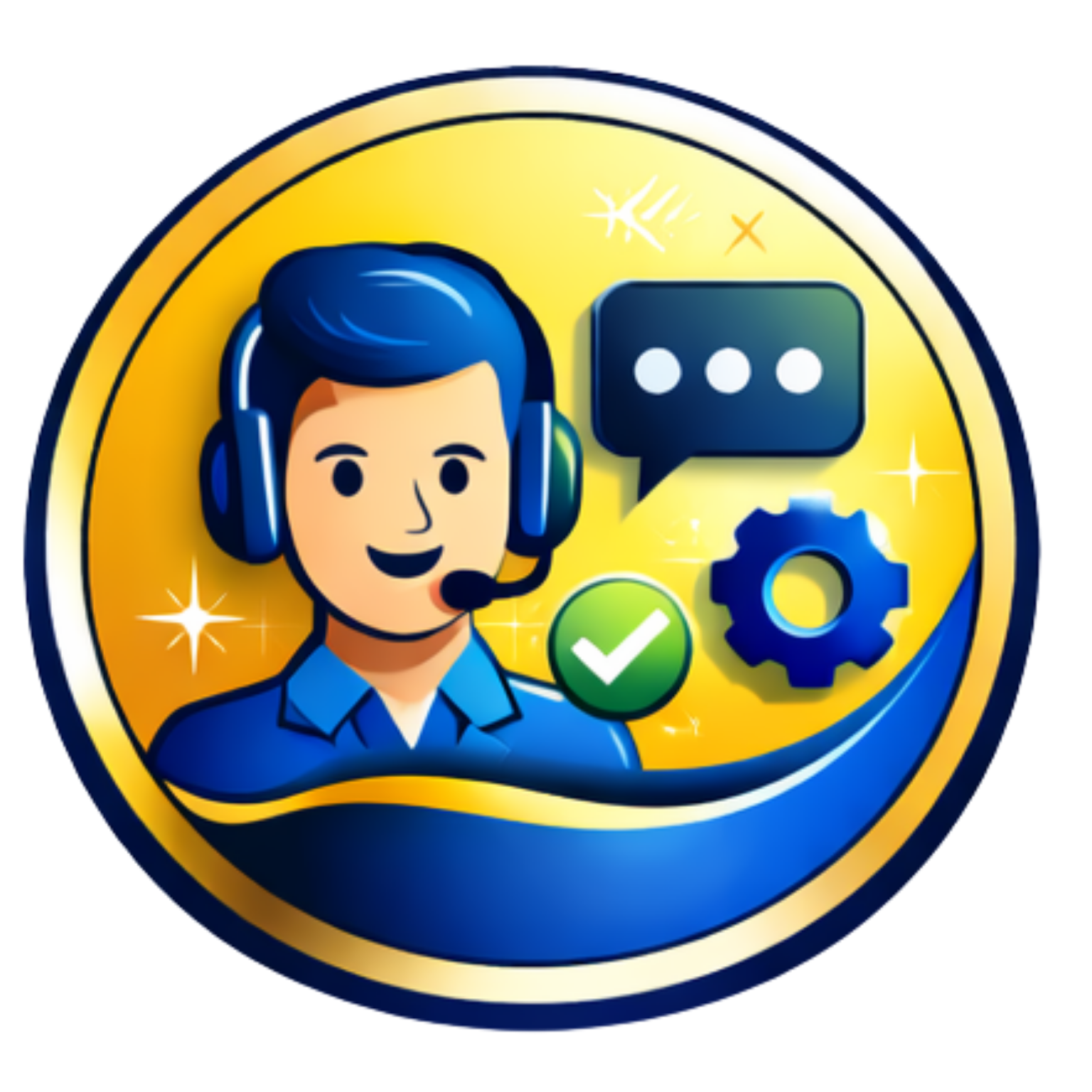 Blue support agent icon with headset, chat bubble, checkmark, and gear on a yellow background