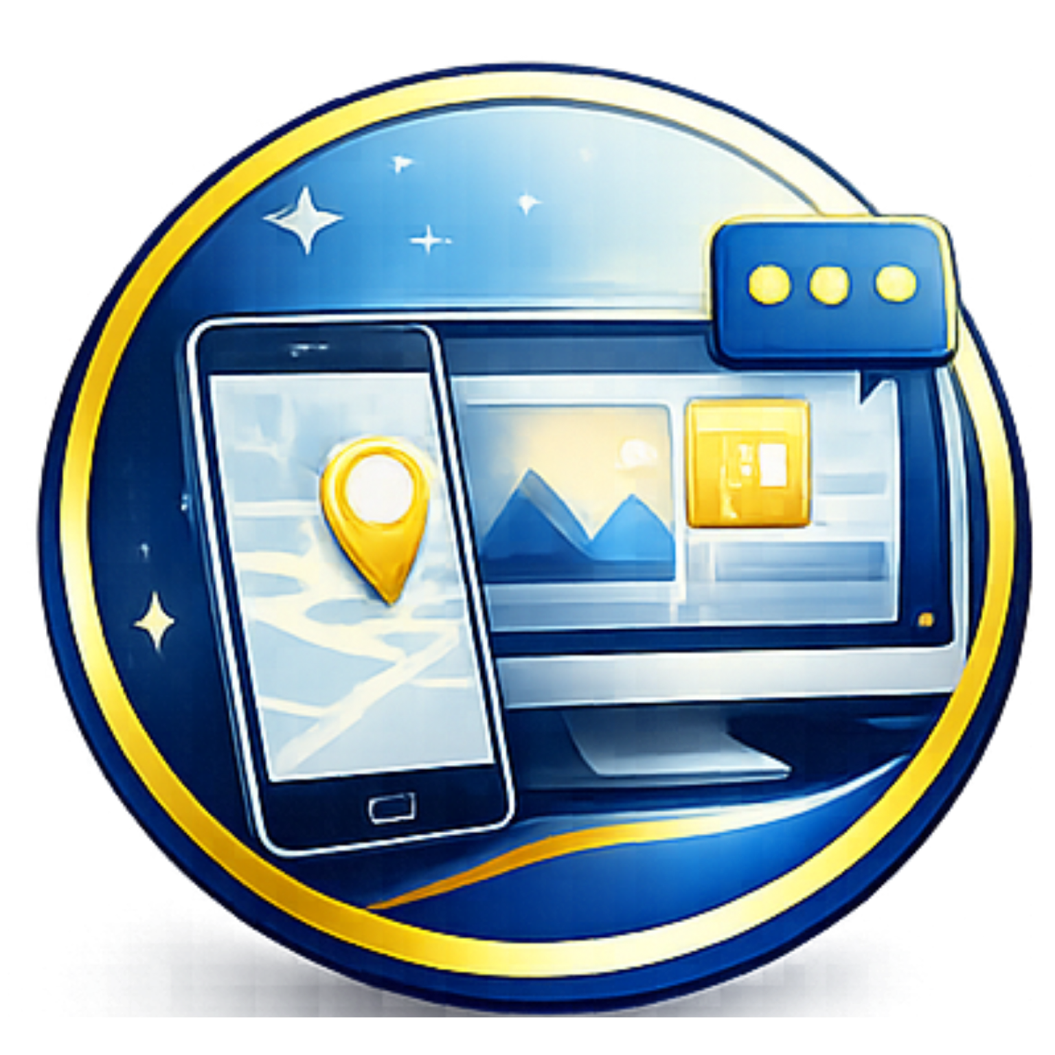 Blue app icon showing a smartphone and desktop browser with map pin, photo, and chat bubble icons