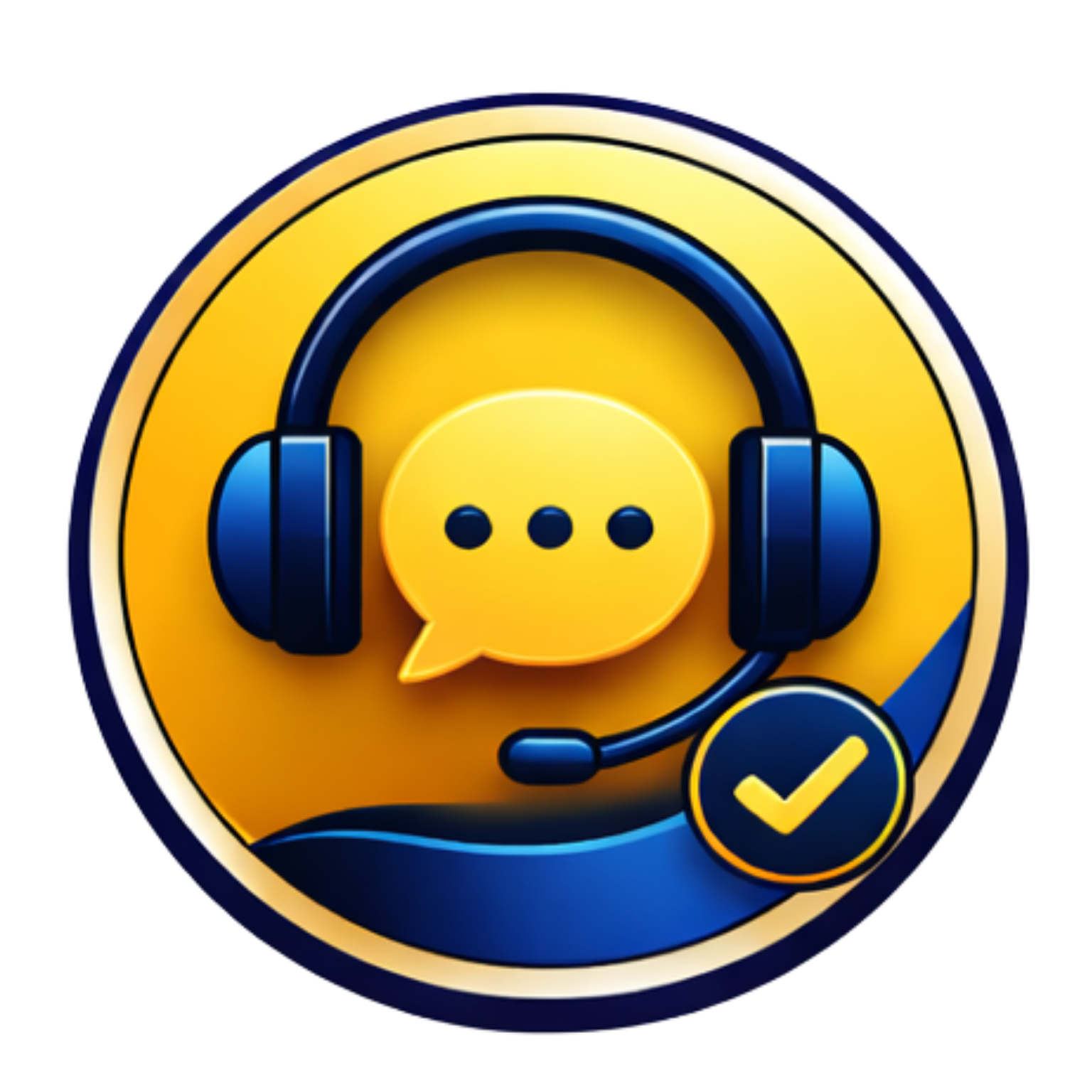 Blue and yellow headset chat icon with speech bubble and checkmark badge