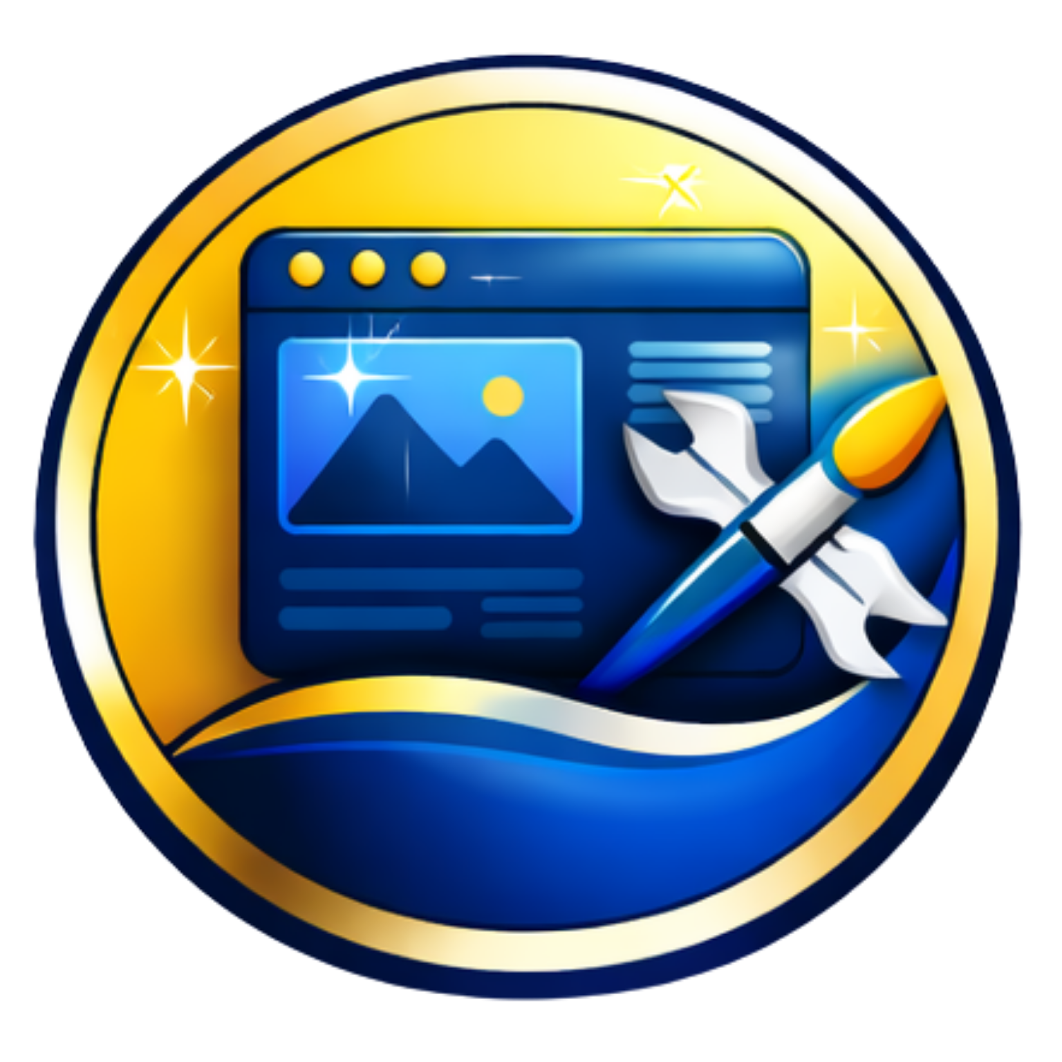Blue and yellow web design icon with a pencil, wrench, and webpage layout on a circular badge