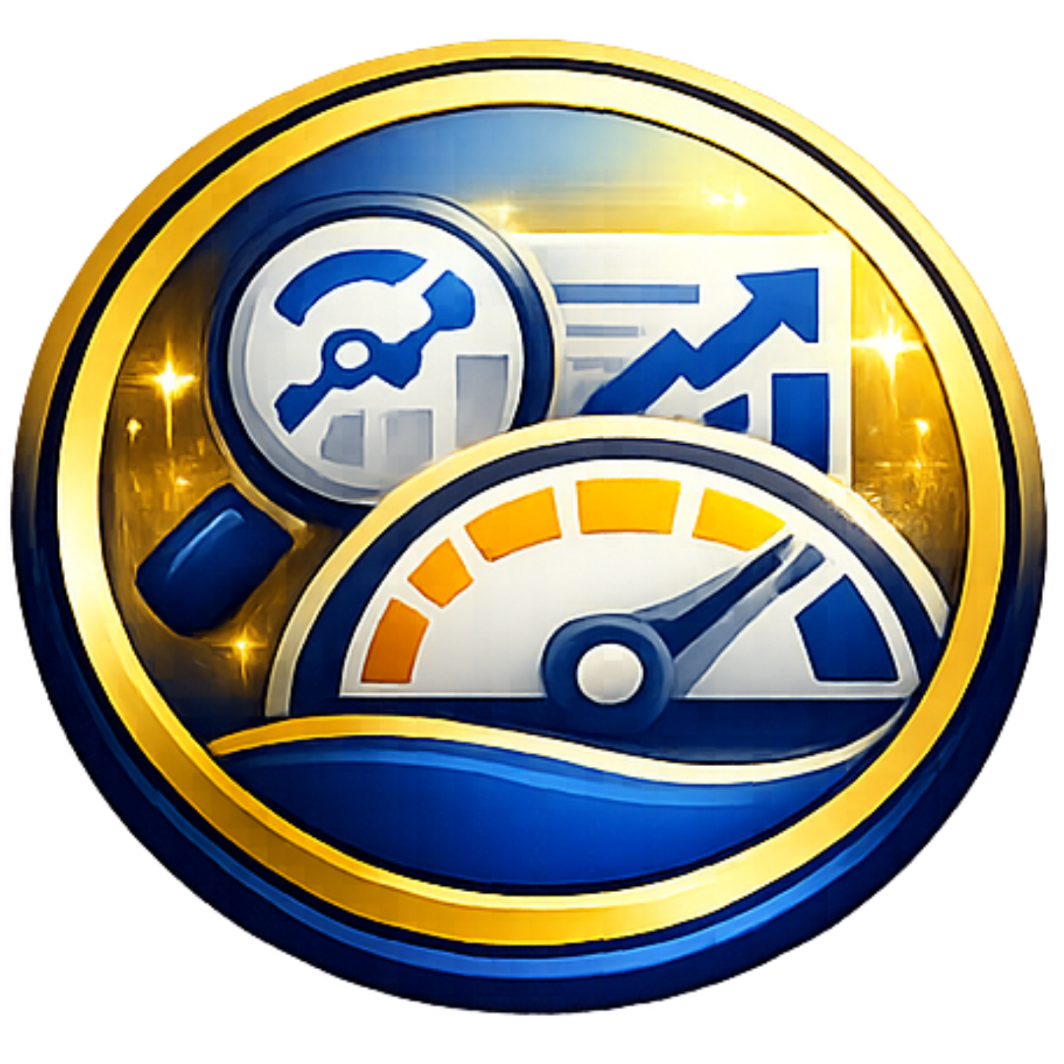 Blue and gold analytics icon with magnifying glass, rising chart, and speedometer gauge