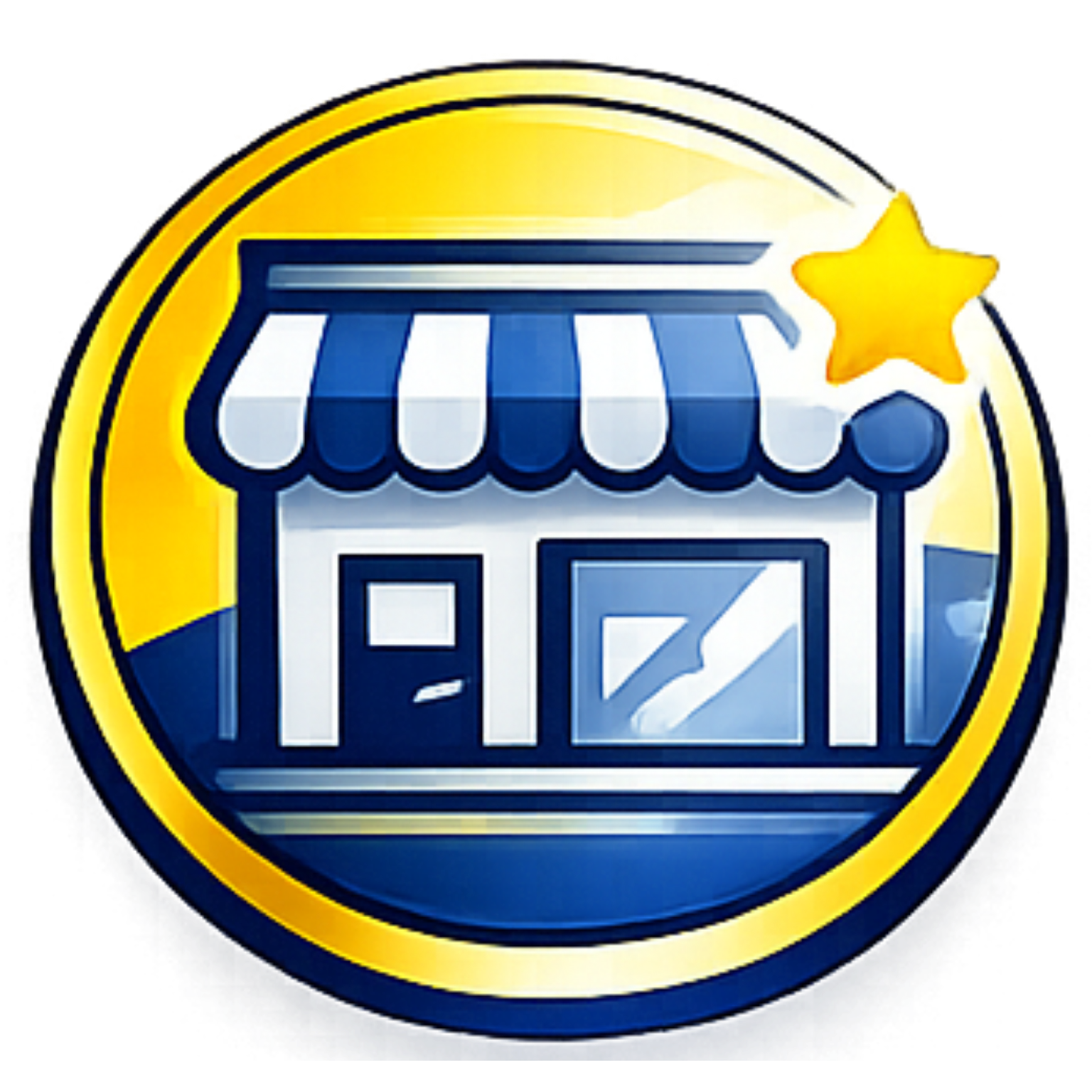 Blue storefront icon with yellow star badge inside a circular yellow border