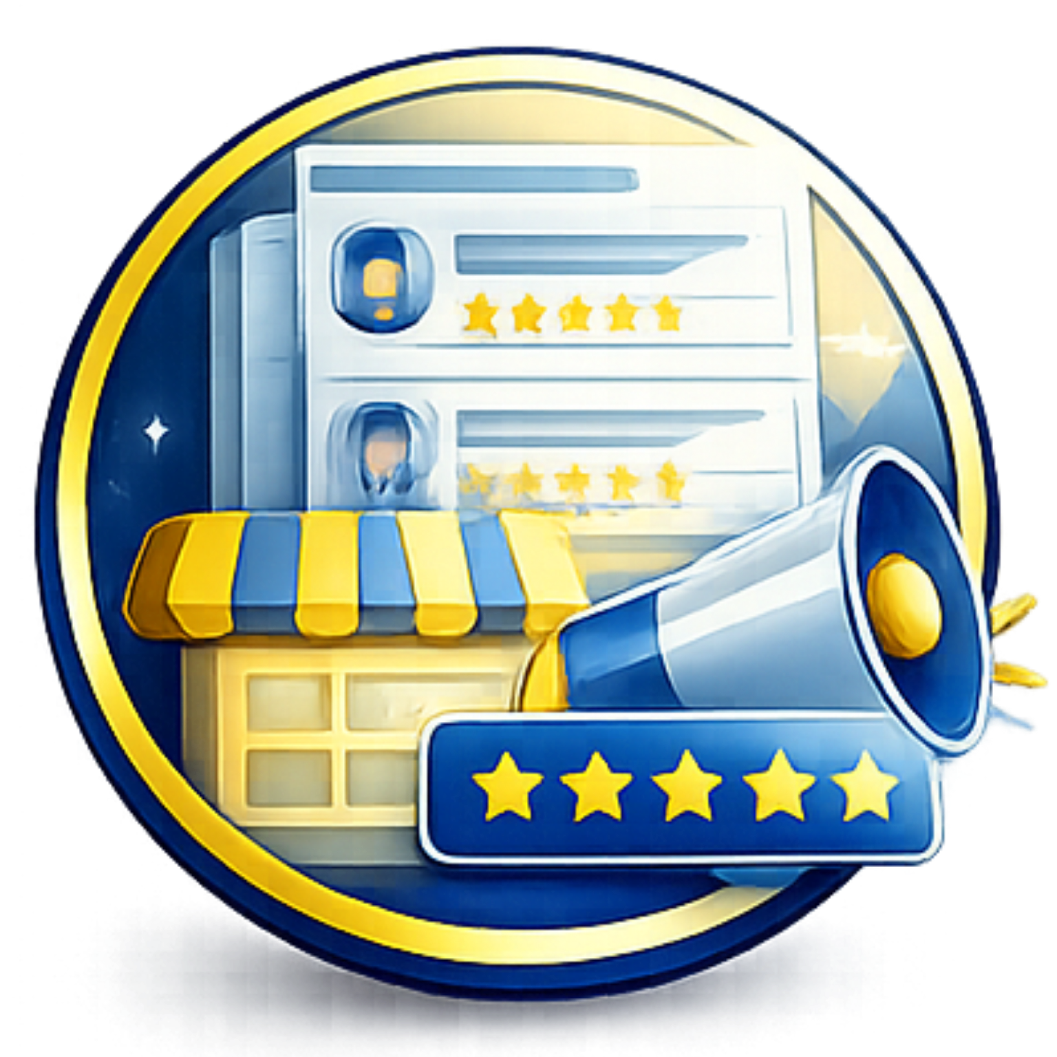Rating/review dashboard icon with storefront, star ratings, and a megaphone in blue and yellow
