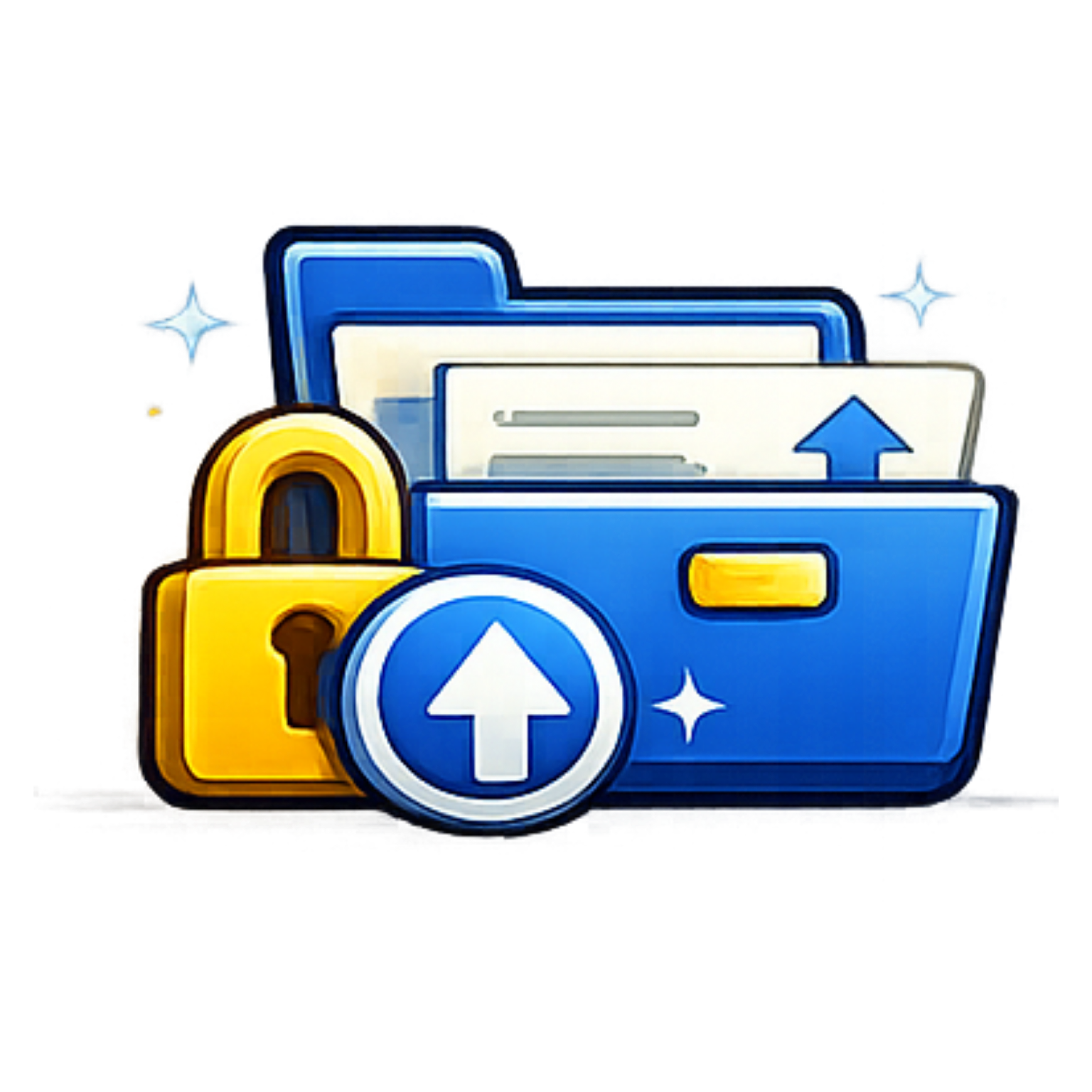 Blue folder with lock and upload arrow, suggesting secure file upload or protected cloud storage