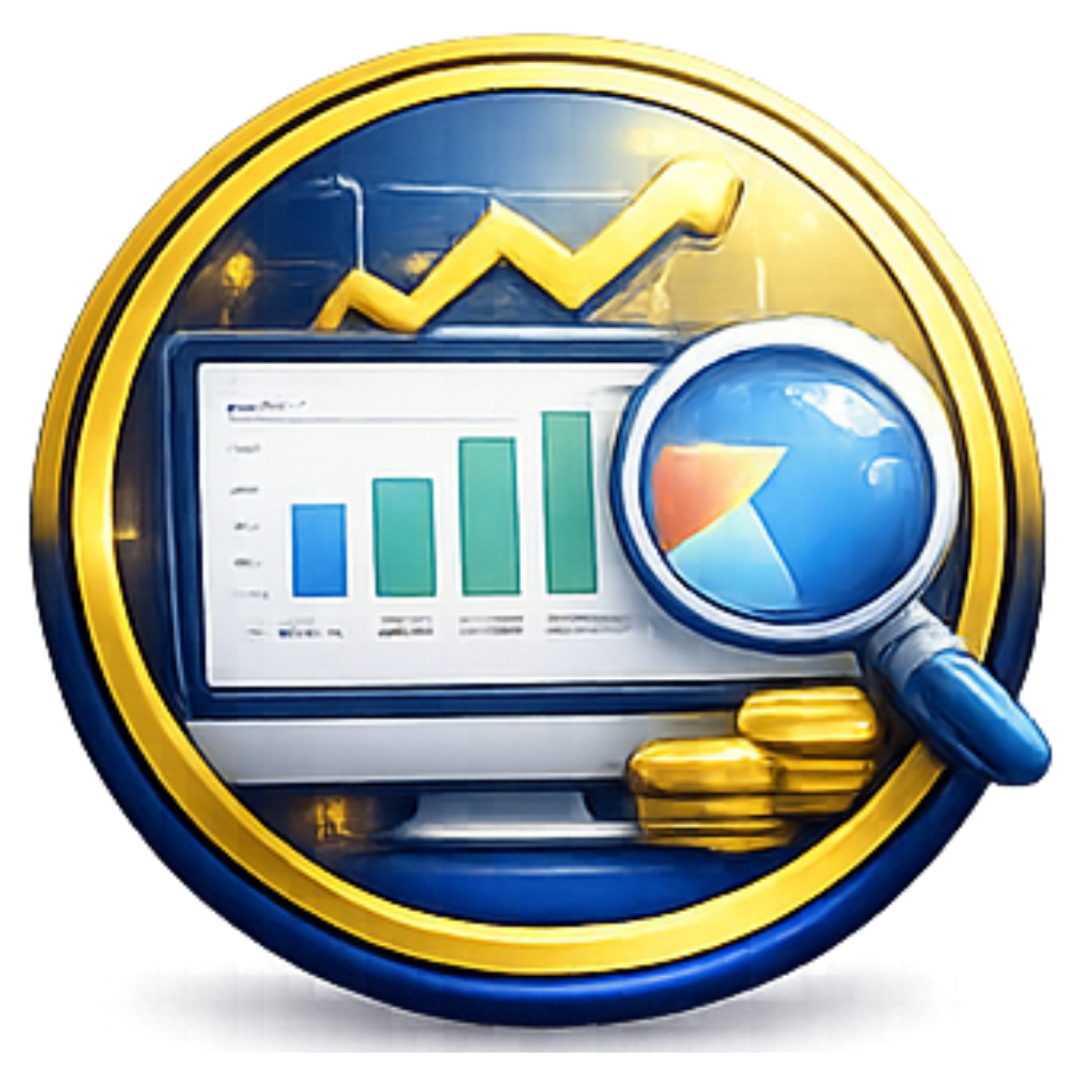 Blue dashboard with bar chart, rising yellow line, magnifying glass, and stacked coins