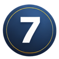 White number 7 on a dark blue circular button with a thin gold ring