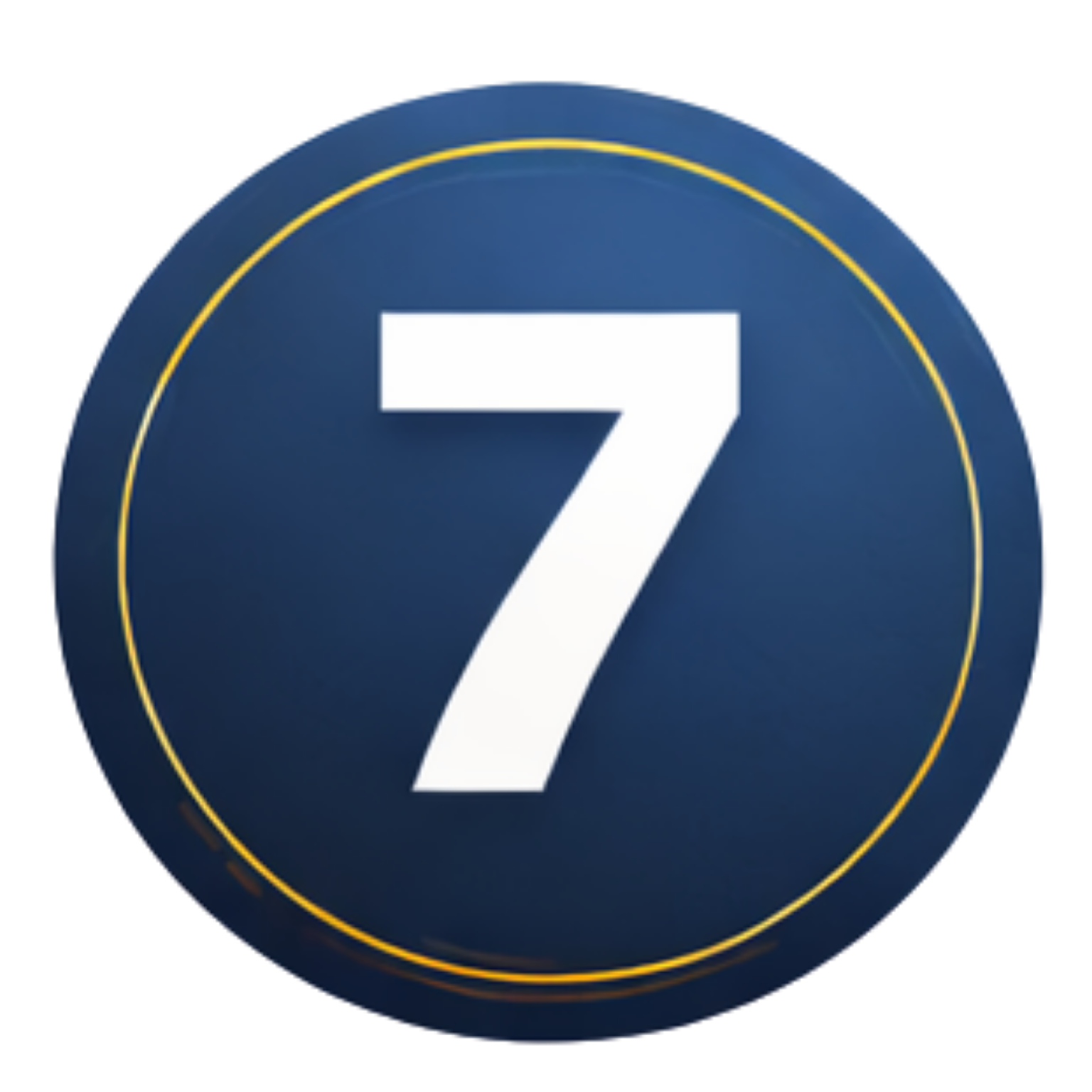 Blue circular badge with a white number 7 outlined by a thin gold ring