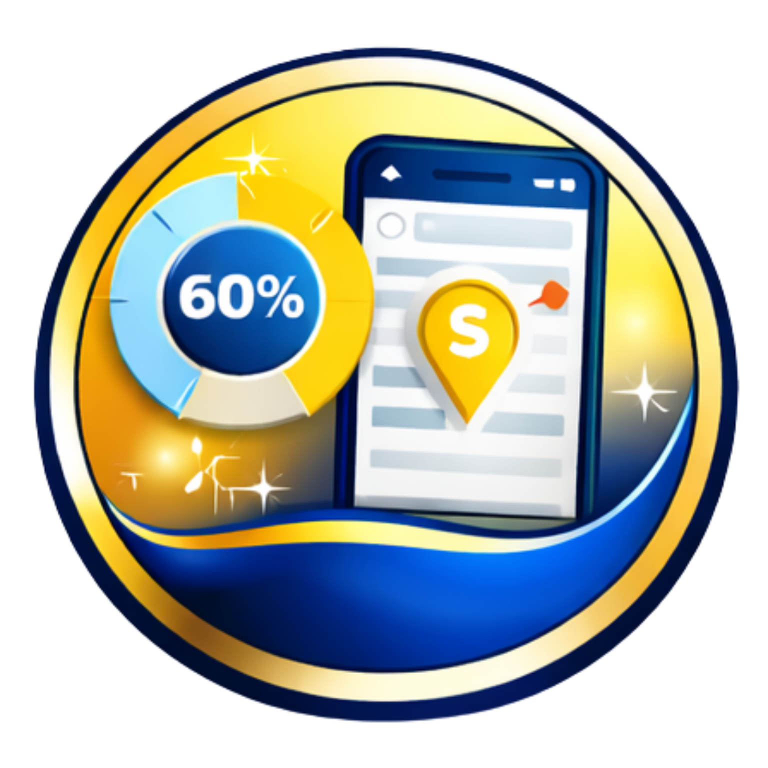 Blue and gold promo icon with 60% discount badge and smartphone map pin currency symbol