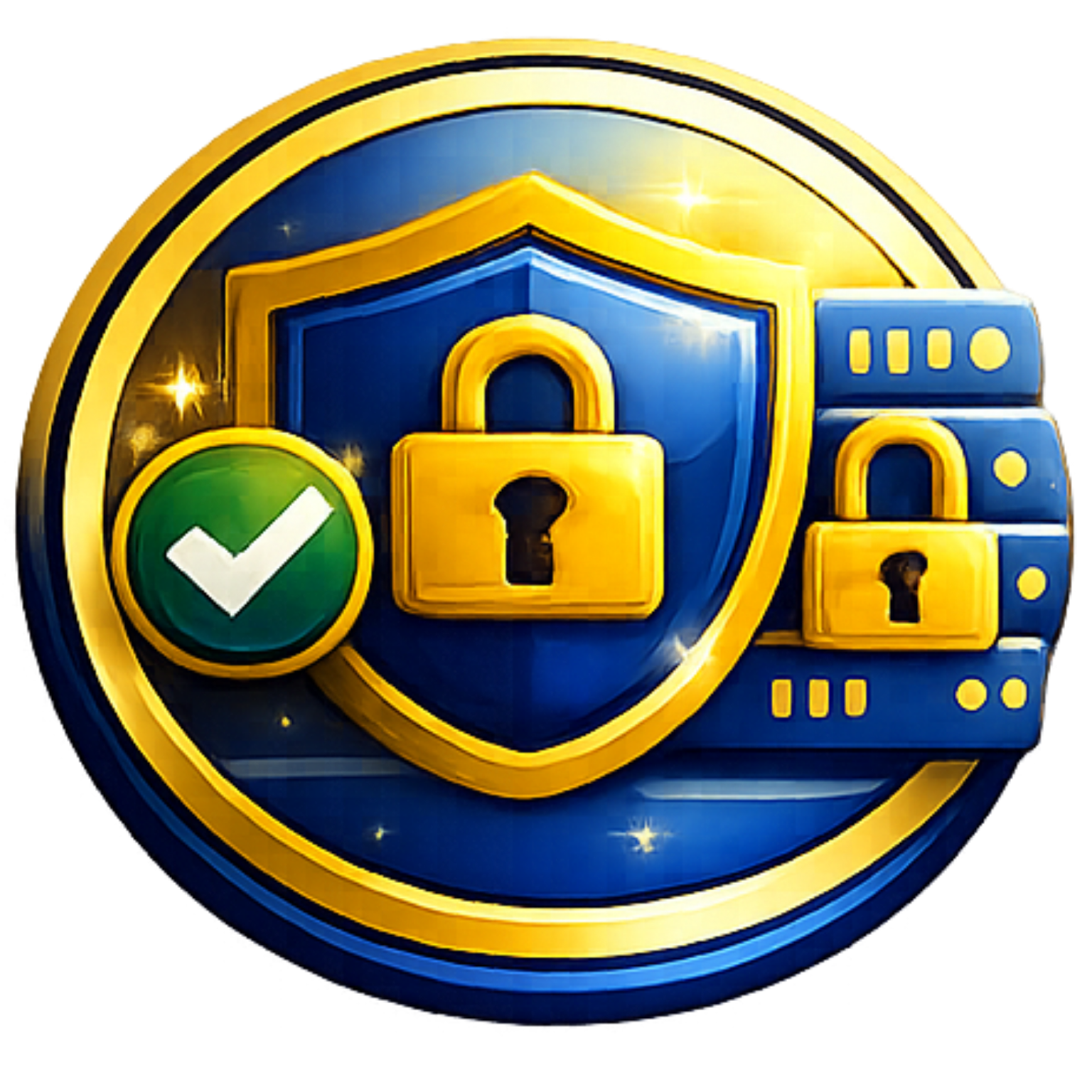 Blue shield with gold padlock, green checkmark, and small lock panel symbolizing security and protection