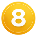 Yellow circular badge with a white number 8 in the center