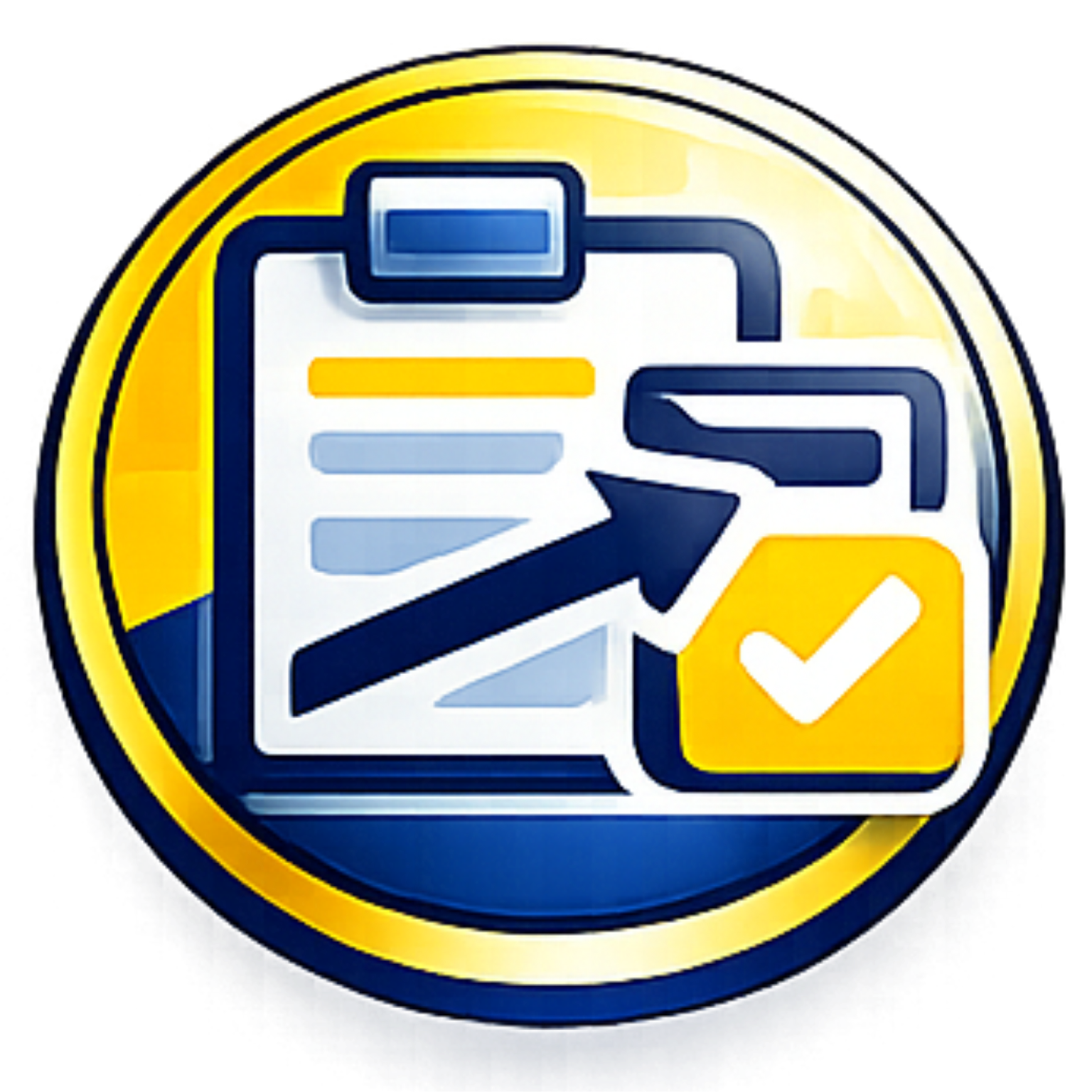 Clipboard and checklist icon with blue arrow and yellow checkmark on a gold circle