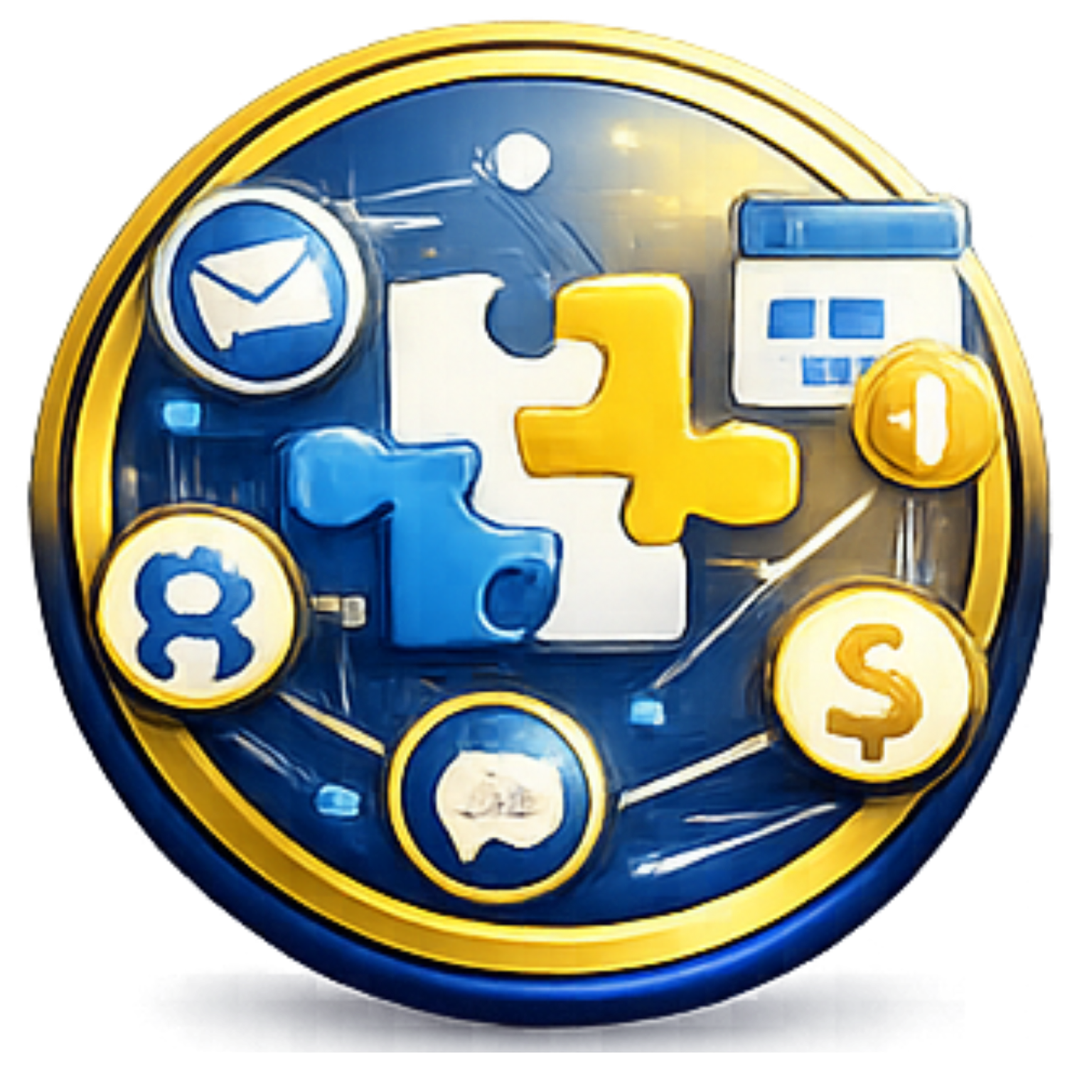 Blue and gold circular icon with puzzle pieces and finance, email, user, chat, and dollar symbols