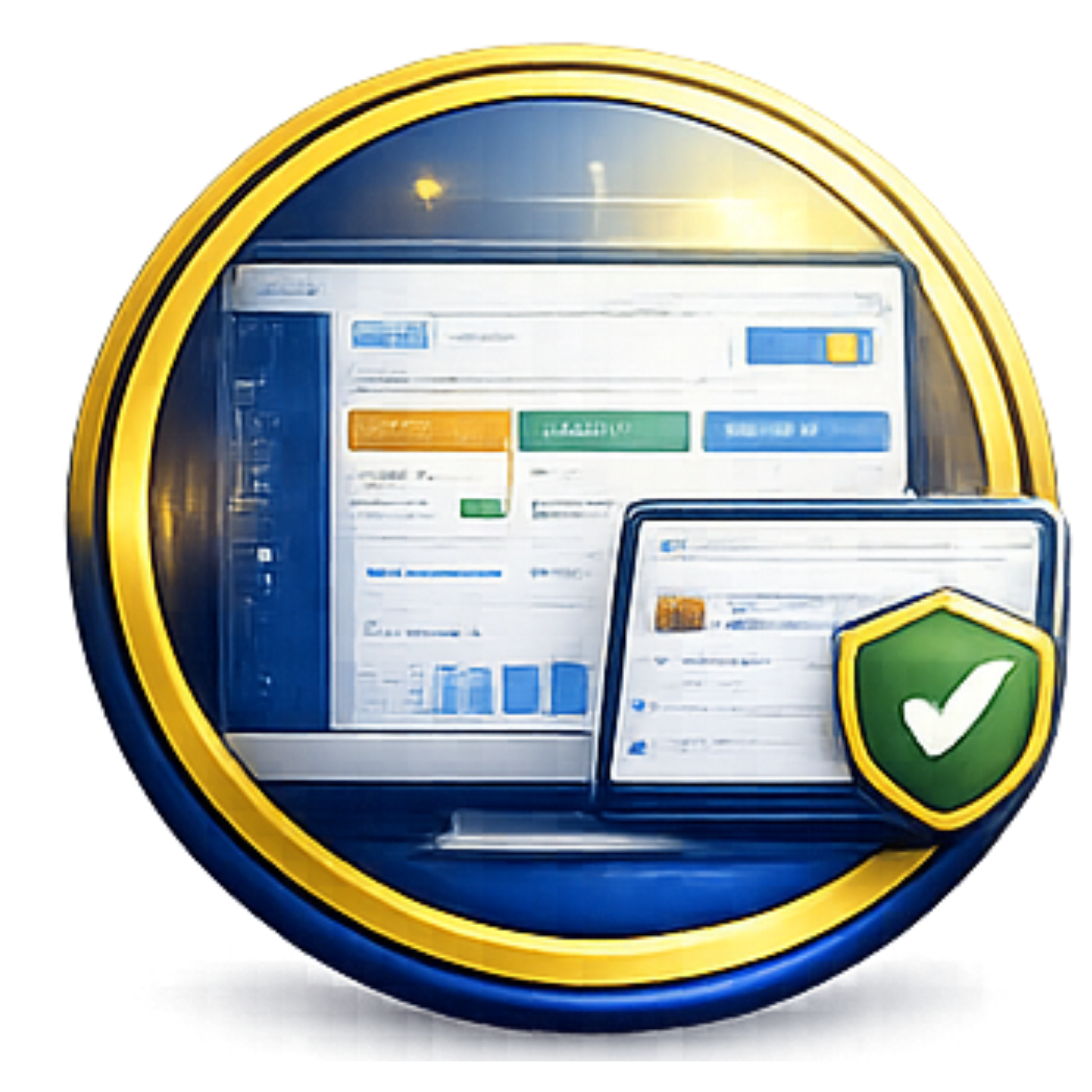 Gold-rimmed security badge with laptop and website dashboard, plus green shield checkmark