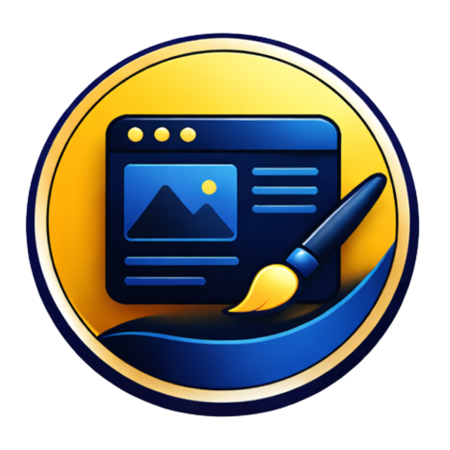 Blue webpage design icon with a paintbrush on a yellow circular background