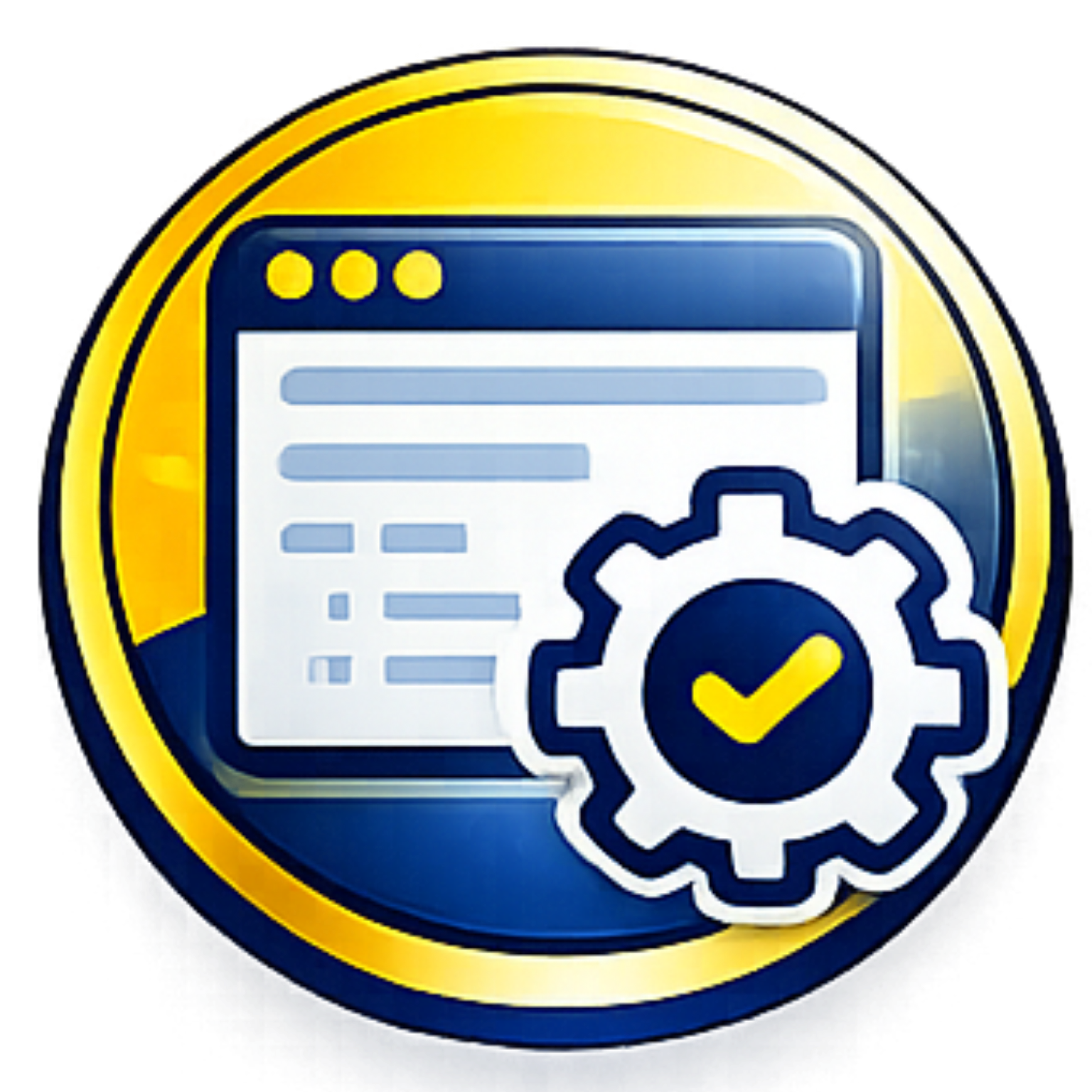 Blue browser window with a gear and yellow checkmark on a gold circle icon