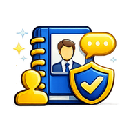 Blue contact book with avatar, chat bubble, user icon, and shield checkmark symbolizing secure communication