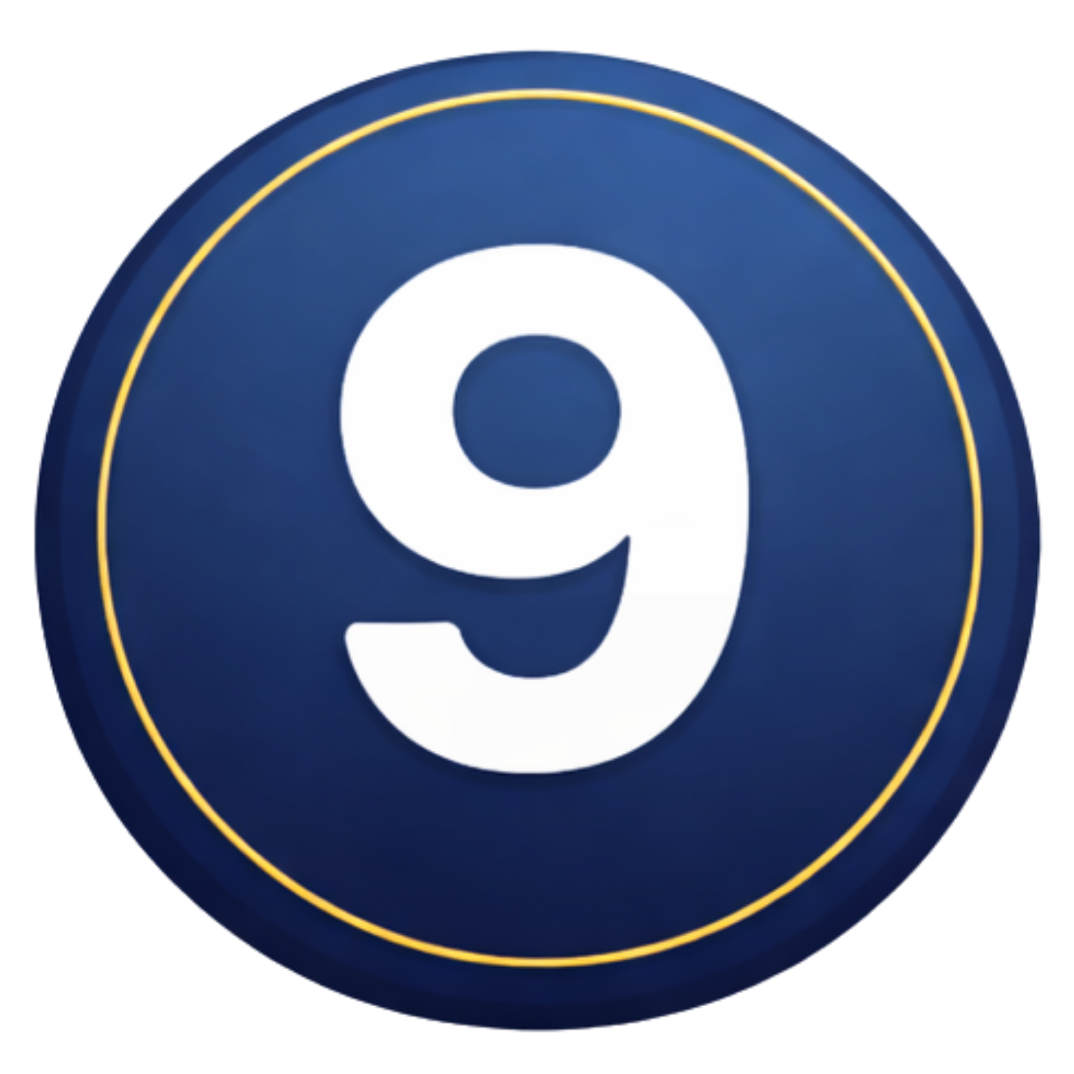 White number 9 on a dark blue circular badge with a gold ring outline