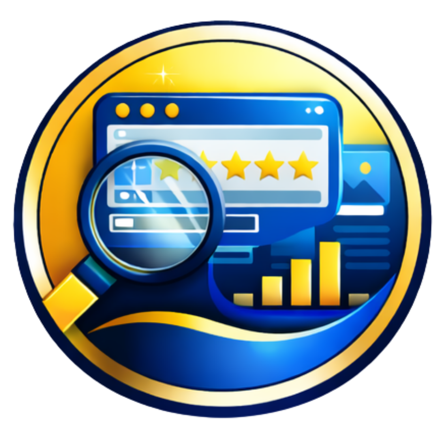 Blue-and-gold web analytics icon with magnifying glass, star rating, and bar chart in a circular badge