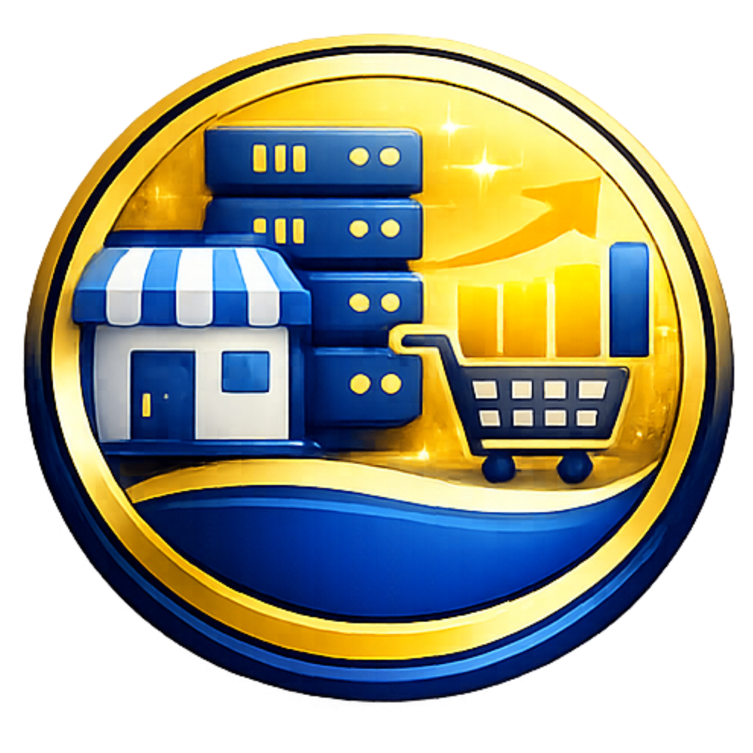 Blue and gold e-commerce icon with storefront, servers, and shopping cart inside a circular badge