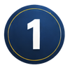 Blue circular badge with a white number 1 and a thin gold ring