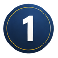 Blue circular button with a white number 1 and a thin gold ring