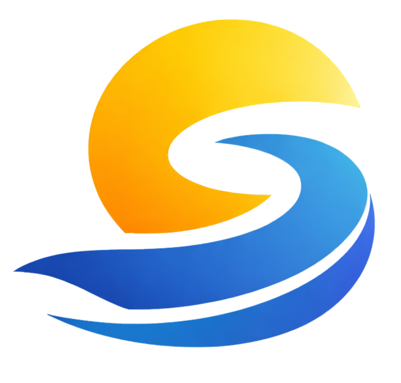 Stylized orange sun and blue wave logo on white background