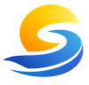 Abstract yellow sun and blue wave logo on white background