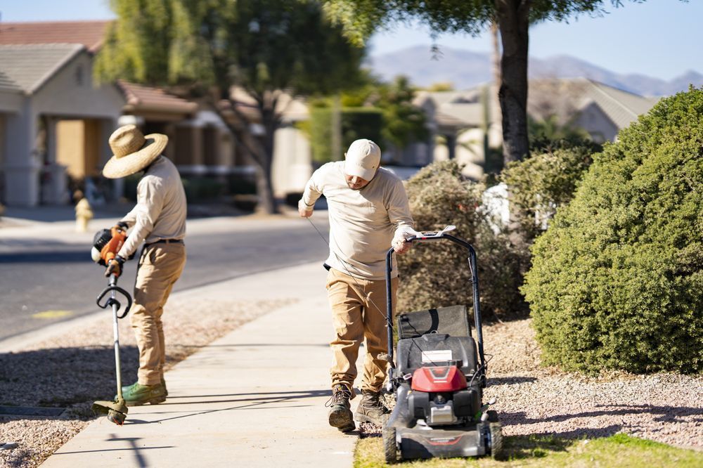 Two men are mowing the grass on the sidewalk.