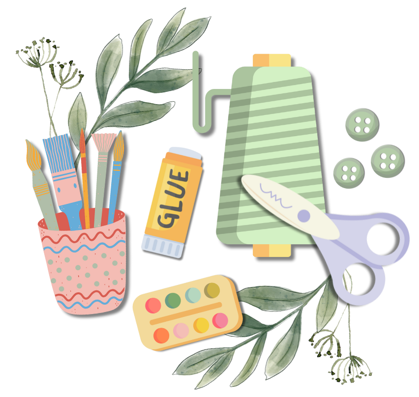 A drawing of a spool of thread , scissors , glue , paint , and buttons.