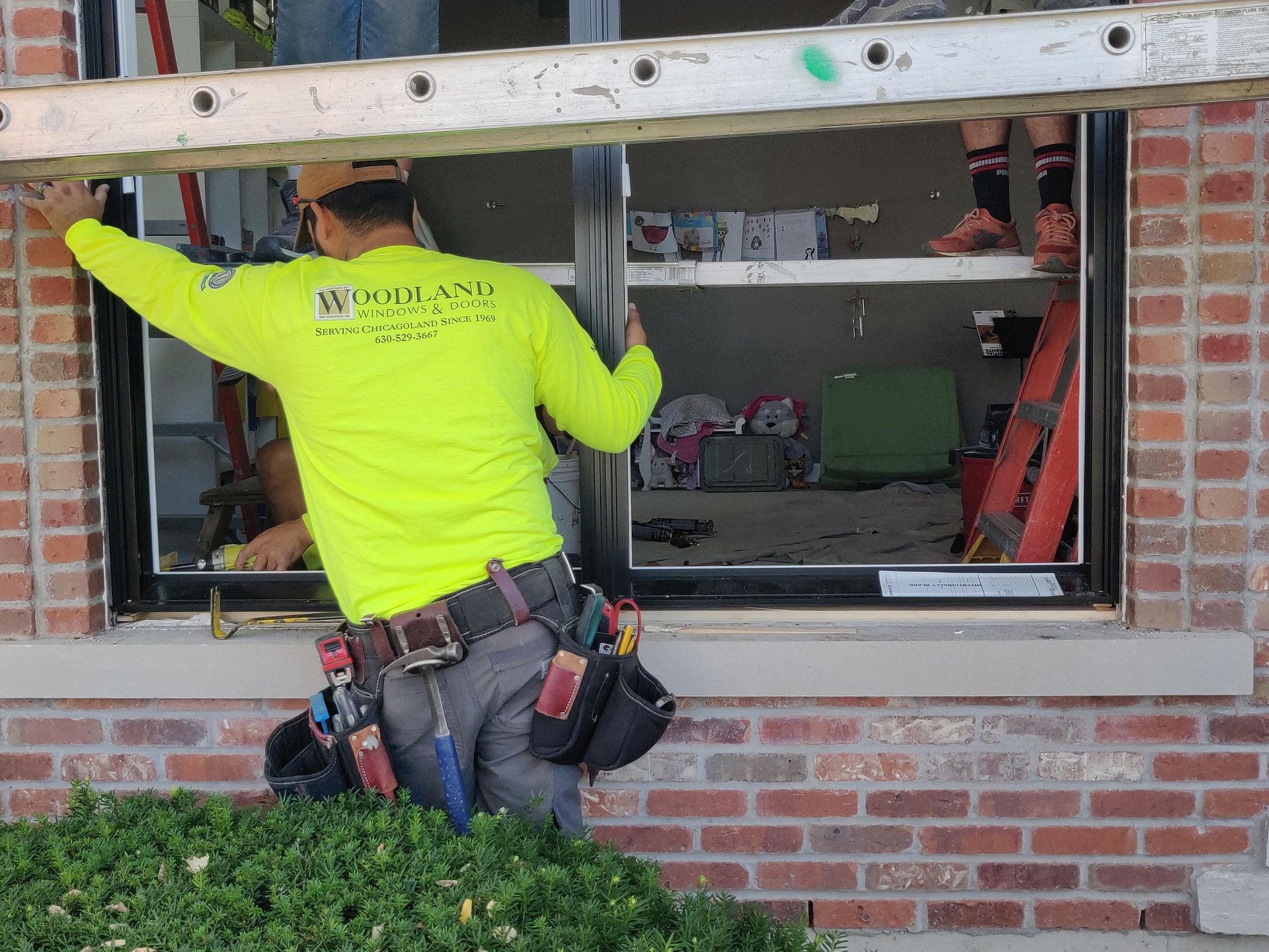 Construction workers installing a window in a brick building; one in a yellow shirt.