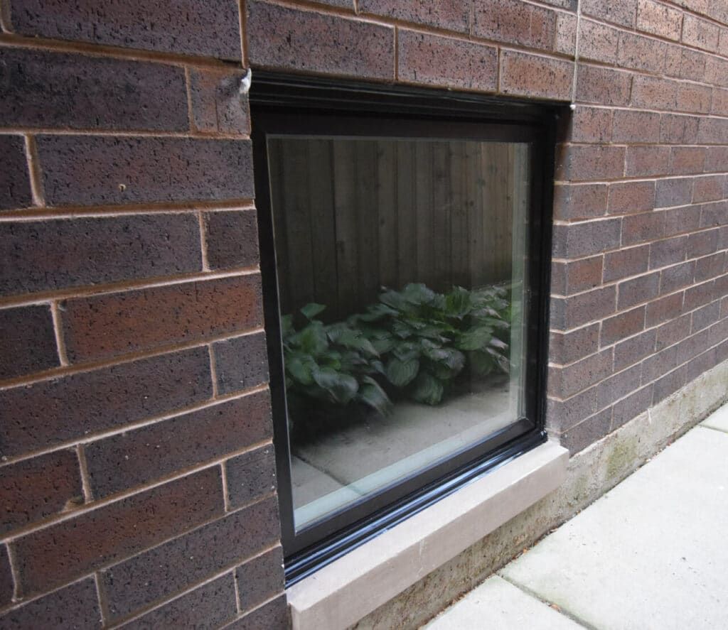 A window on the side of a brick building