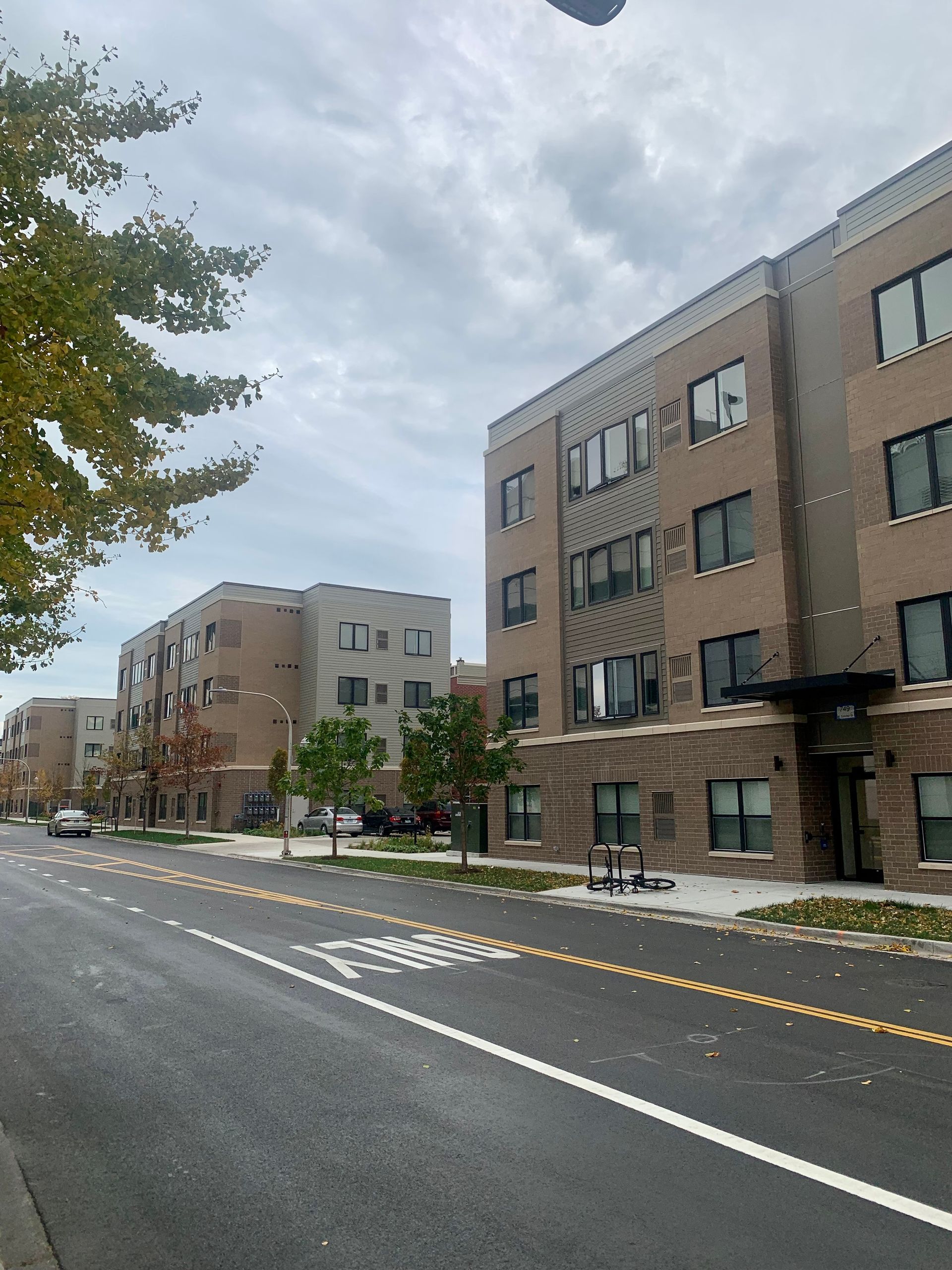 Apartment buildings on a wet street under a cloudy sky, some trees with fall foliage.