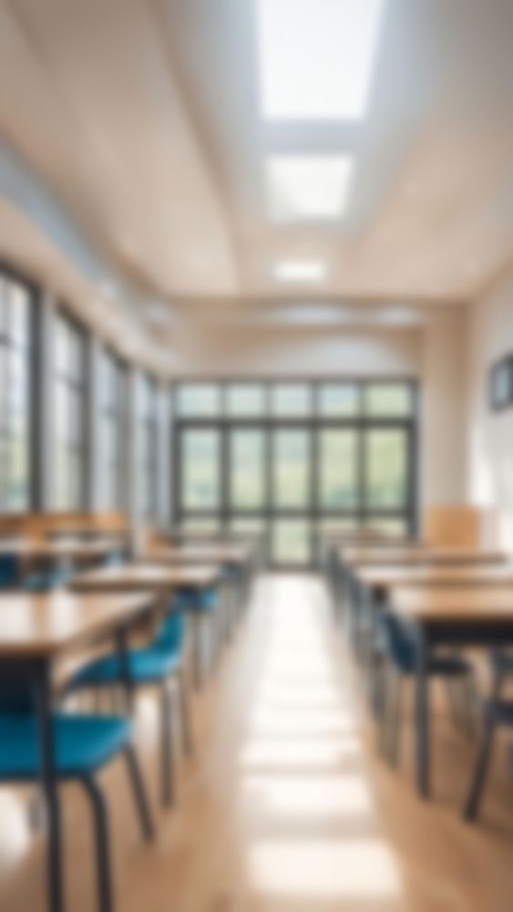 Empty classroom with rows of desks, windows, and bright lighting.