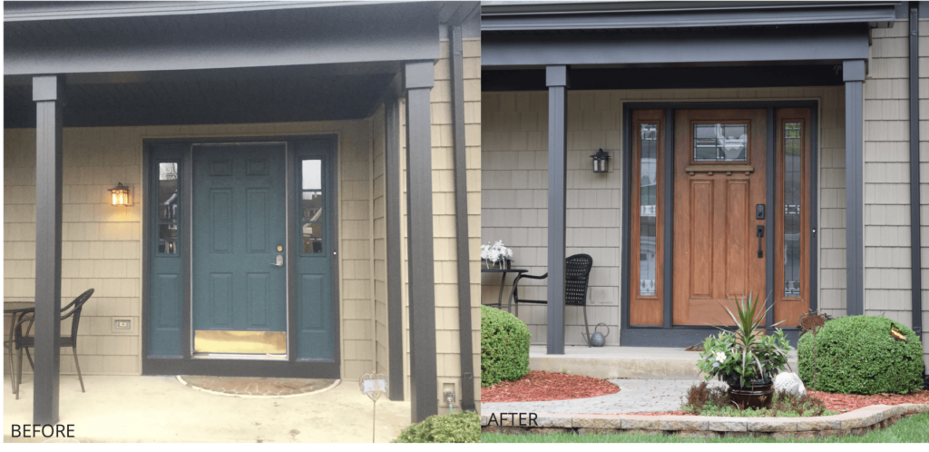 A before and after picture of a house with a porch