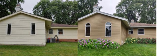 Two pictures of a house before and after being painted.