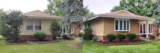 Two pictures of a house before and after being painted.