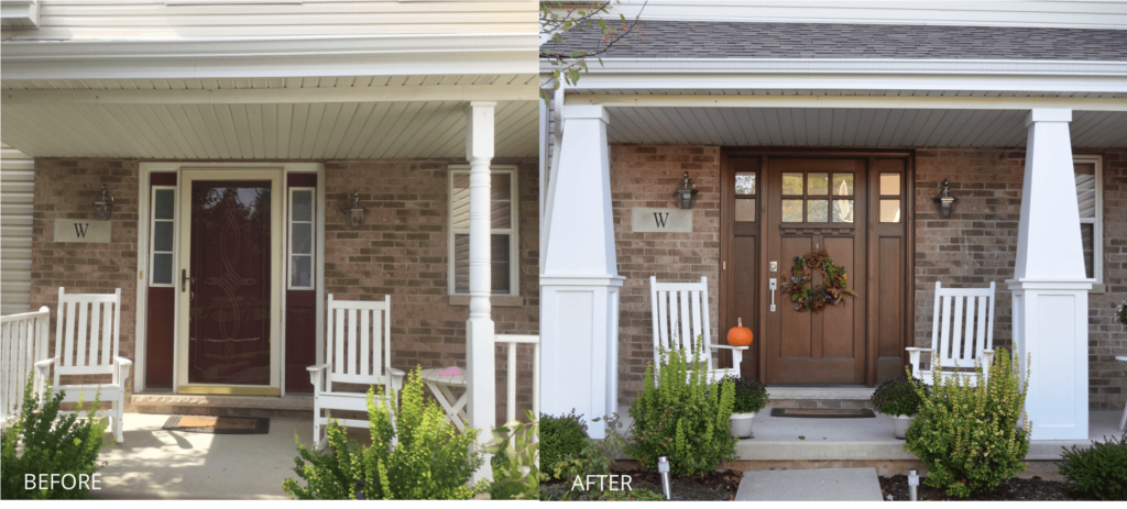 A before and after picture of a porch with rocking chairs