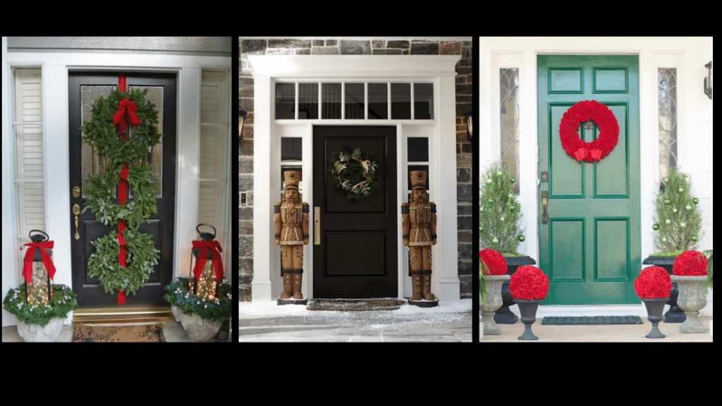 Three pictures of a front door decorated for christmas