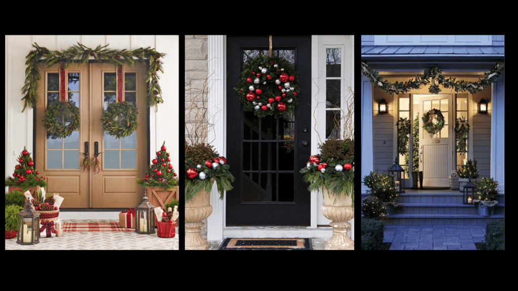 Three pictures of a front door decorated for christmas.