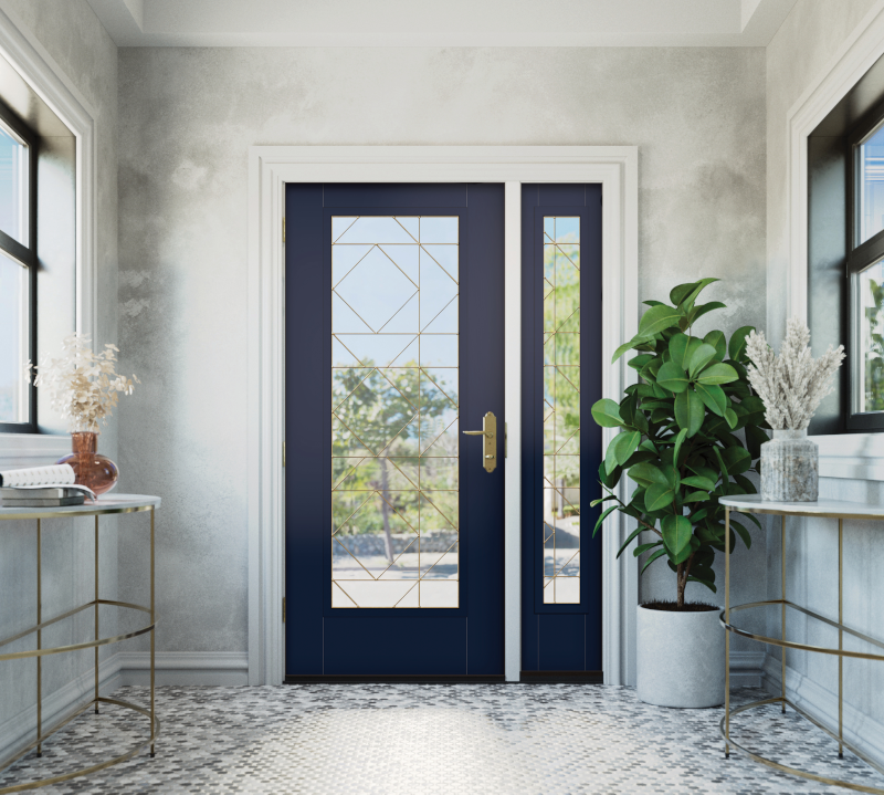A hallway with a blue door and a plant in a pot.