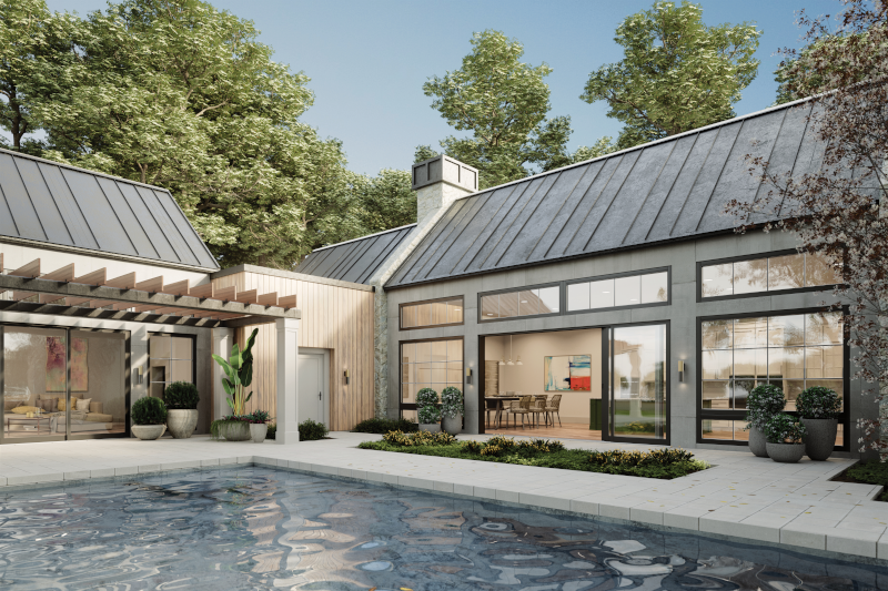 A large house with a swimming pool in front of it