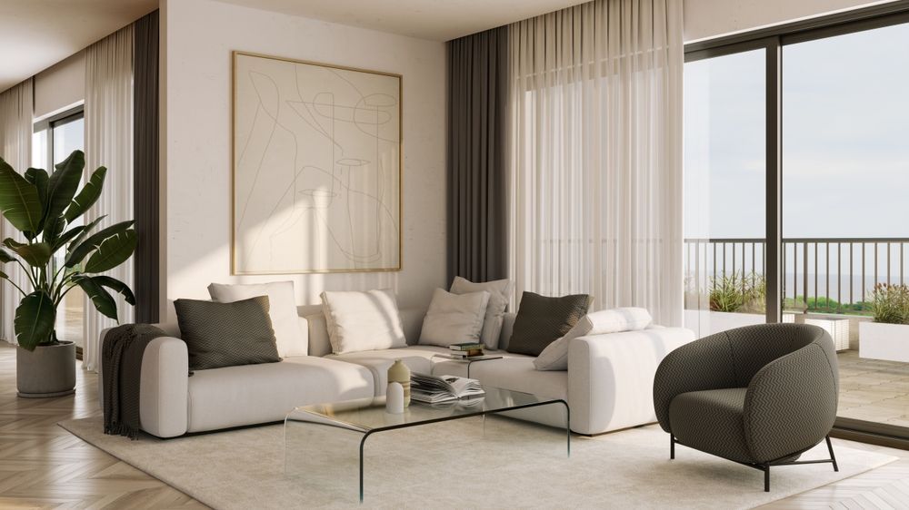 Modern living room with white sofa, art, and a balcony view.
