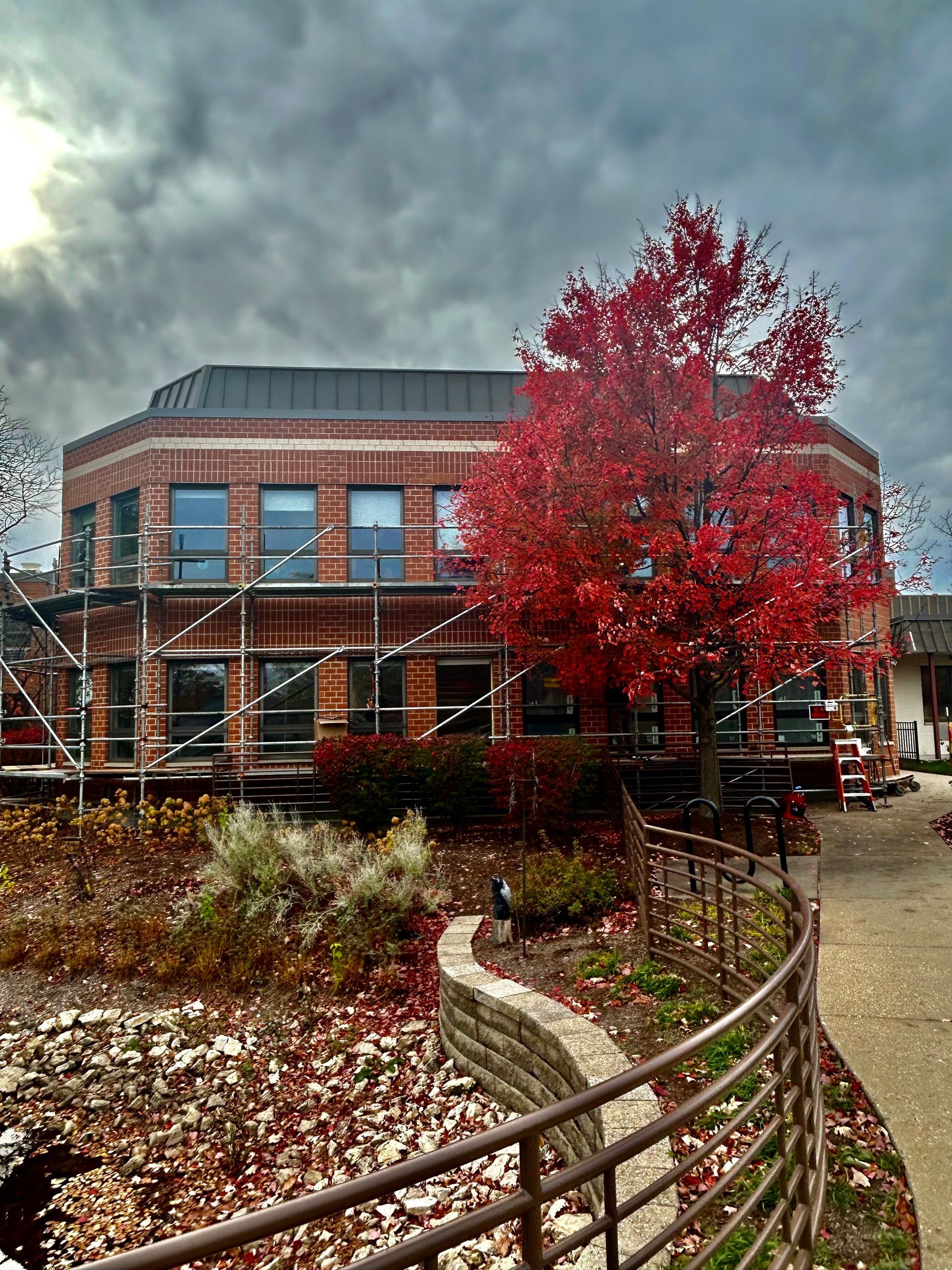 Two-story brick building with scaffolding and a vibrant red tree in front, cloudy sky.