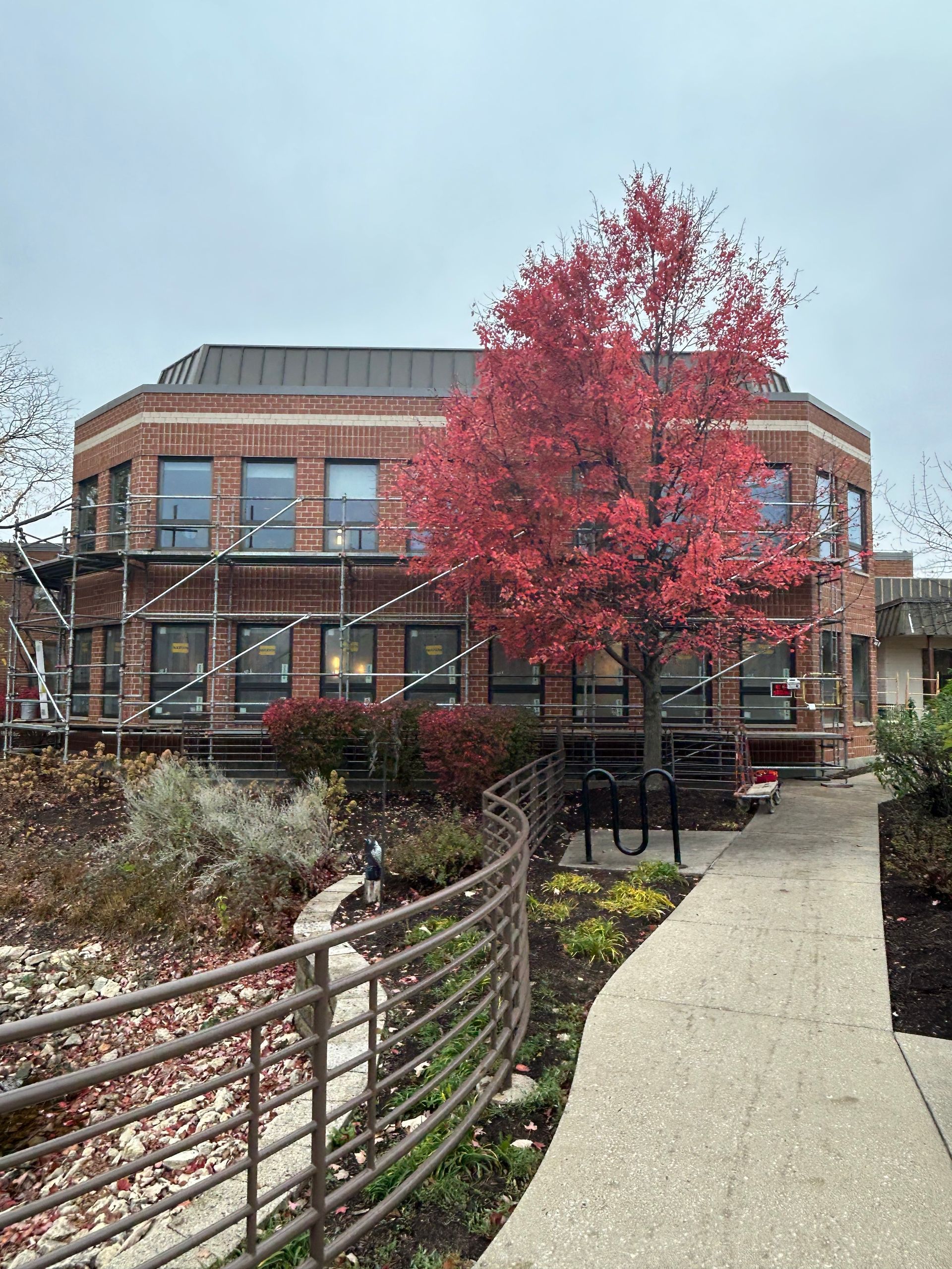 Brick building with red tree in front, pathway, and metal railing. Cloudy sky.