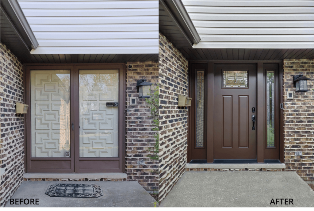 A before and after picture of a brick house with a brown door