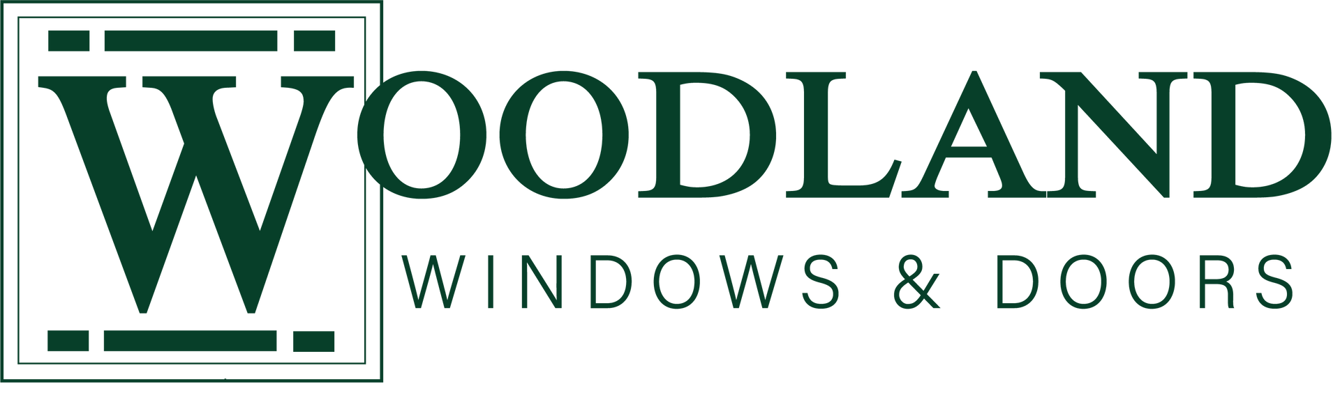 The logo for woodland windows and doors is green and white.