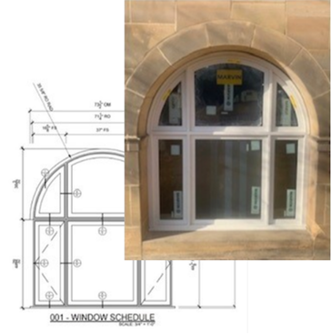 A window elevation drawing next to a photo of the corresponding arched window installed in a stone wall.