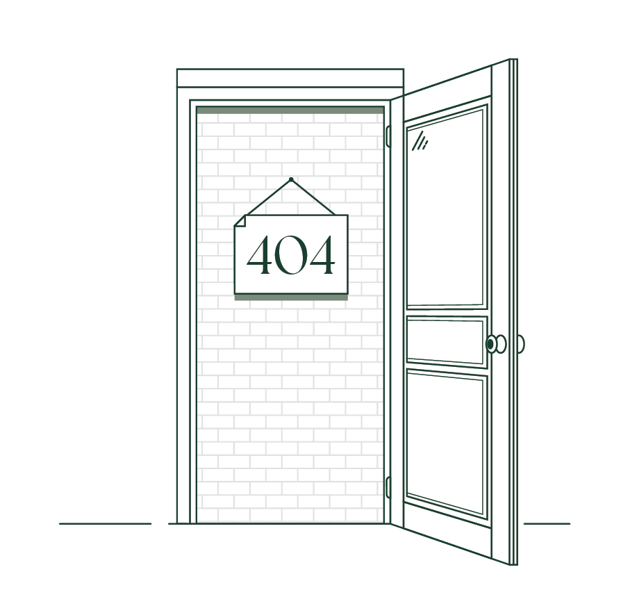 A black and white drawing of an open door with a sign hanging from it that says 404.