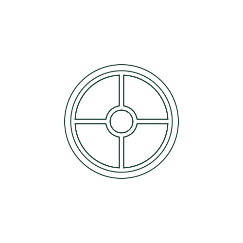 A black and white drawing of a steering wheel on a white background.